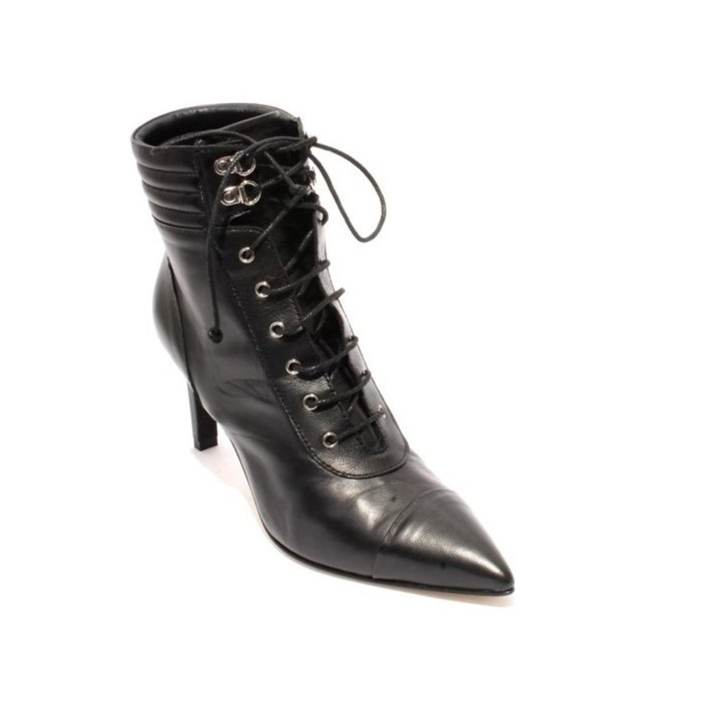 Fucsia 813 Black Leather Lace-Up Zip-Up Ankle Pointy Heel Bootie